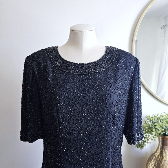100% Pure Silk Mark & John By Gopal Black Beaded Cocktail Elegant Dress Sz Large - Picture 4 of 16